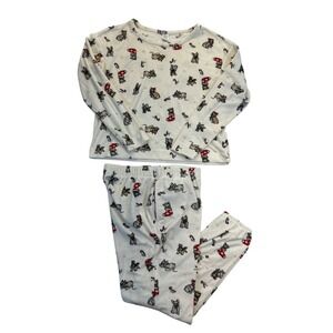 Sleep Chic Pajama Set Womens Small White Christmas French‎ Bull Dog
